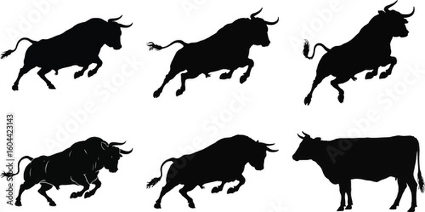 Fototapeta Bull and cow silhouette vector set with running bull and standing cow illustration collection isolated on white background for design and decoration.