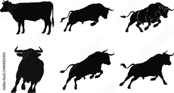 Fototapeta Bull and cow silhouette vector collection with running bull and standing cow illustration set isolated on white background for design and decoration.