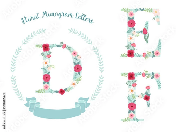 Fototapeta Cute vintage monogram alphabet letters with hand drawn rustic flowers