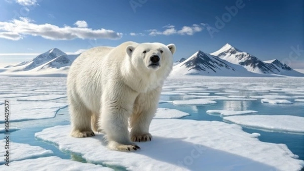 Obraz Majestic polar bear standing proudly on ice floes under a blue arctic sky