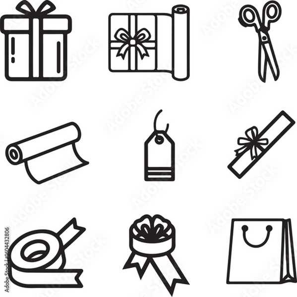 Fototapeta 
"Gift wrapping icons vector set – colorful gift boxes, ribbons, bows, wrapping paper, holiday packaging symbols, festive present elements for Christmas, birthday, celebration, and party design".
