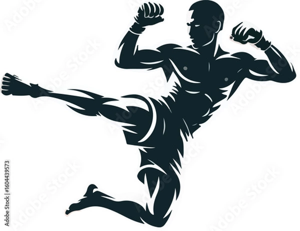 Obraz martial arts fighter in dynamic flying kick pose vector illustration