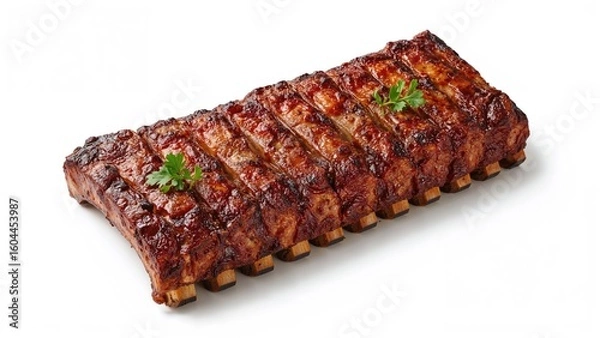 Fototapeta Plate of barbecued pork ribs on a white backdrop