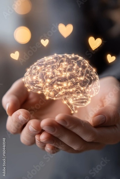 Fototapeta Glowing brain symbolizing mental health and mindfulness held with care, promoting self-care, therapy, love, stress relief, and peaceful support.