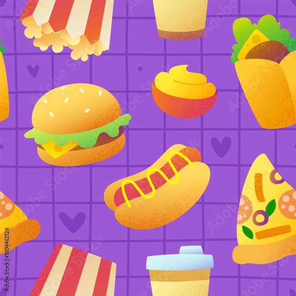 Fototapeta Cartoon fast food pattern. Seamless vector print with textured street food.