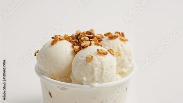 Obraz Creamy coconut milk ice cream balls in a cup, decorated with tender coconut and roasted peanuts.