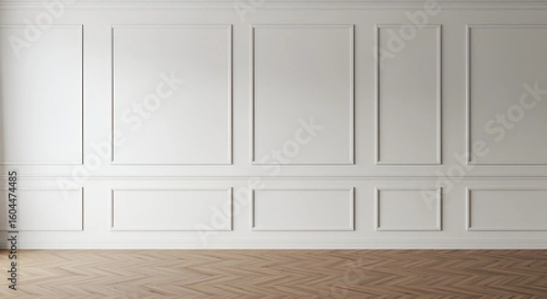 Fototapeta Room interior with white classic wall panel and wooden floor. Light background with luxury elegant molding frames. Realistic 3d vector illustration of home or office design with moulding and parquet