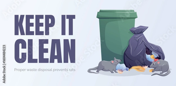 Fototapeta Keep it clean banner, cartoon vector illustration of green trash bin, garbage bag, scattered waste and rats, isolated horizontal design for sanitation, waste management and hygiene campaigns