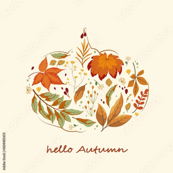 Fototapeta A pumpkin made of autumn twigs and leaves. Hello autumn. Vector illustration.