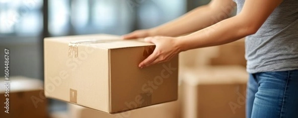 Fototapeta Happy woman checking stuff in cardboard box before sent to transportation company and moving to new location apartment., Generative AI