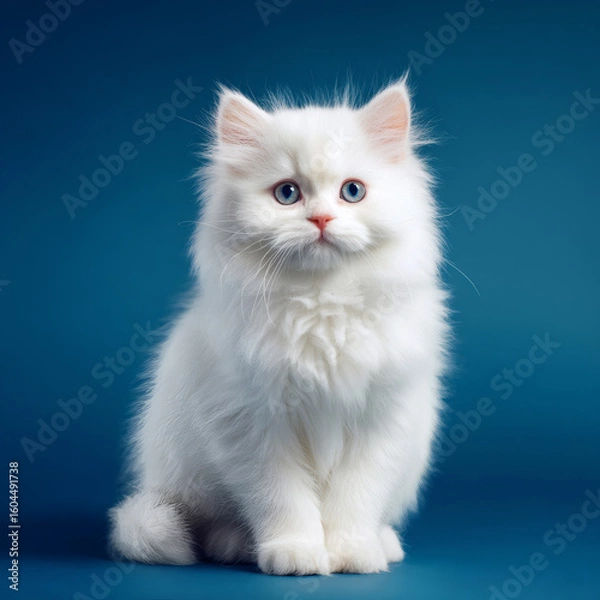 Fototapeta Adorable fluffy white kitten with striking blue eyes sits on teal background