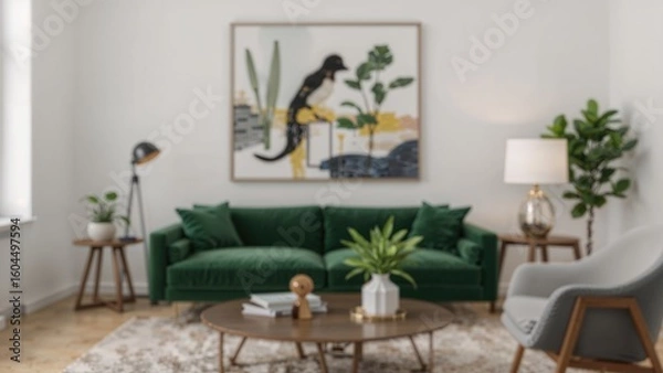 Fototapeta Hazy view of a modern family room furnished with a green velvet loveseat, decorative wall pieces, and trendy ornaments, perfect for a snug ambiance.