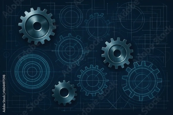 Fototapeta Gears and blueprints representing mechanical engineering and innovation