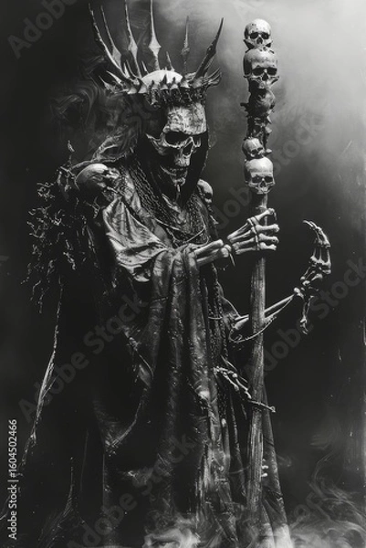 Fototapeta A dark fantasy black and white image of a lich or skeleton king holding a staff of skulls. This powerful macabre character evokes themes of death necromancy and dark magic.