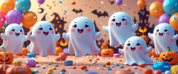 Fototapeta Cartoon Ghosts at Halloween Party