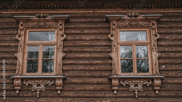 Obraz Antique wooden residence showcasing intricately carved window frames, previously the home of merchant Sapozhnikov located at Simanovsky Street, 14 (Sverdlova, 63). Classic Russian architectural