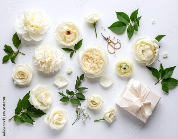 Obraz 白と淡いピンクのバラとプレゼントが並ぶエレガントなフラットレイのイラスト素材｜バラ,花,フローラル,ロマンチック