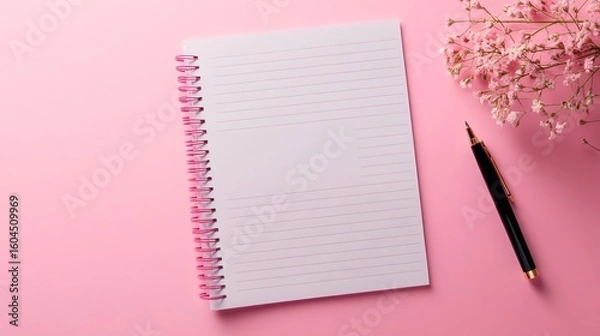 Obraz Notebook, pen and flowers resting on pink surface