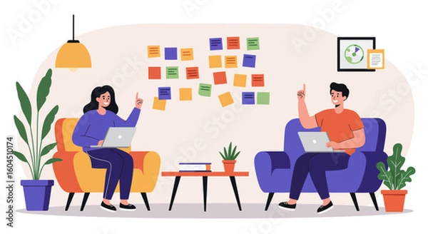 Fototapeta Two People Brainstorming with Laptops and Ideas.