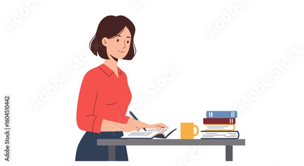 Fototapeta Woman Writing in Notebook at Desk with Books.