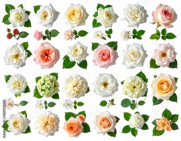 Obraz 白と淡いピンクの花や葉を並べたフラットレイ構成のイラスト素材｜バラ,葉,背景素材