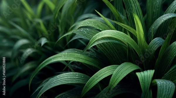 Obraz Close-up of green leaves with water droplets in a lush natural environment.