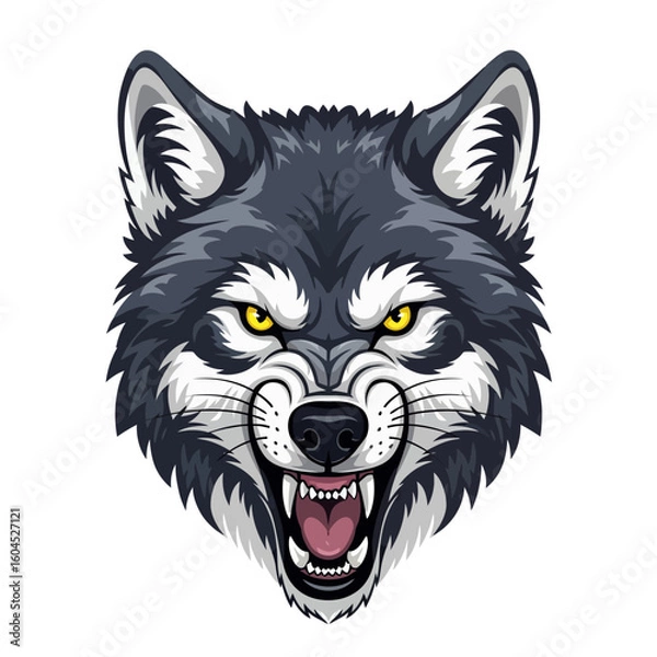Fototapeta Angry Wolf Head Showing Teeth and Fangs Isolated on White