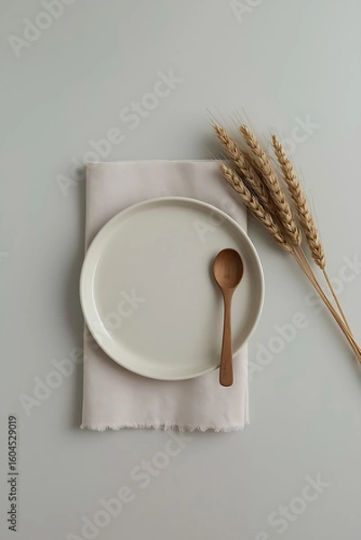 Fototapeta A neutral-toned ceramic plate, light beige fabric napkin, wooden spoon, dried wheat stalks, and soft gray background create a minimalist, earthy, and elegant aesthetic.