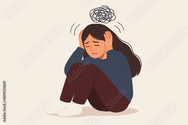 Obraz Teen girl depression anxiety attack overwhelmed stressed mental health problems concept vector illustration emotional distress psychological support therapy mindfulness