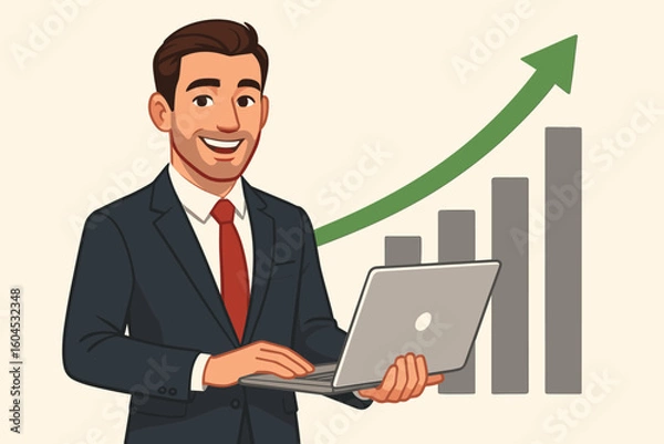 Obraz Successful professional businessman holding laptop computer smiling in front of rising chart with green arrow pointing upwards to success growth achievement corporate finance progress