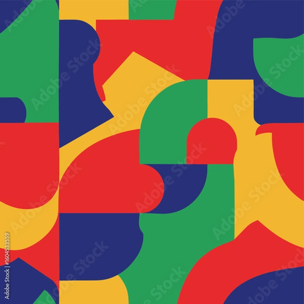 Fototapeta abstract, geometric pattern features organic shapes in a vibrant primary color palette of red, blue, green, and yellow, creating a modern and dynamic background.