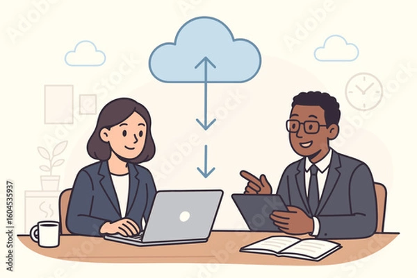 Obraz Cloud computing business concept. Teamwork and collaboration in the office. Colleagues sharing data via the cloud. Online storage and workflow. Data transfer. Man and woman.