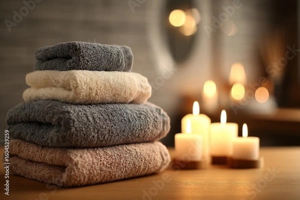 Fototapeta Soft Towels and Candles in Spa Setting for Relaxation and Comfort with Warm Lighting and Serene Ambiance in a Modern Bathroom Environment