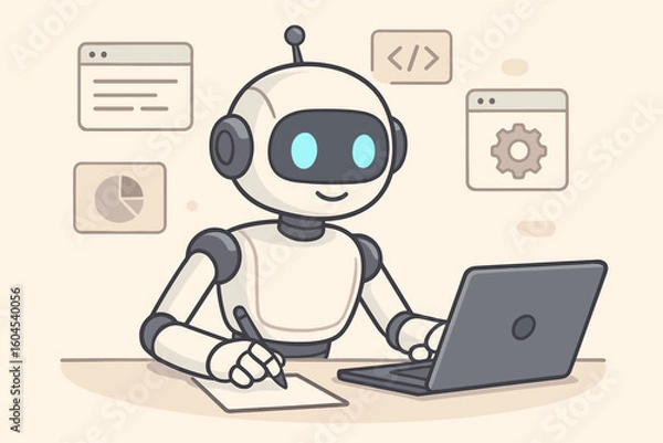 Fototapeta Cute friendly AI robot using laptop for online work, coding software, data analytics, artificial intelligence assistant cartoon character, vector illustration in modern workspace