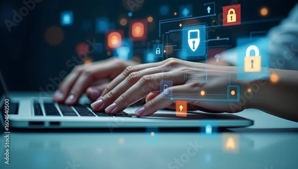 Fototapeta man working on computer, hand on laptop, hand on laptop, hand on keyboard, 