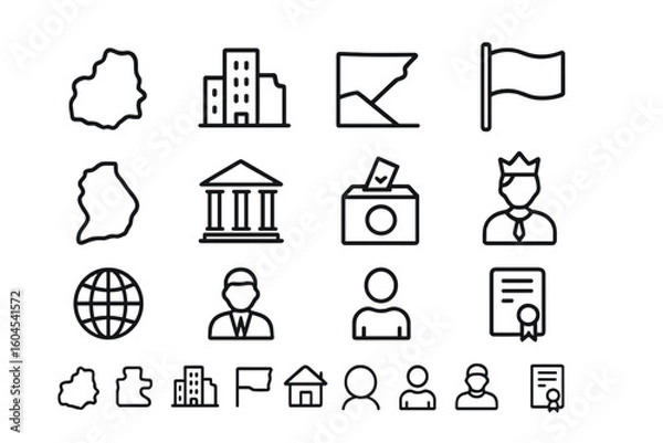 Fototapeta Country and government line icon set. Vector outline symbols for nation, politics, and geography. Includes flag, map, border, president, monarchy, and democracy icons.