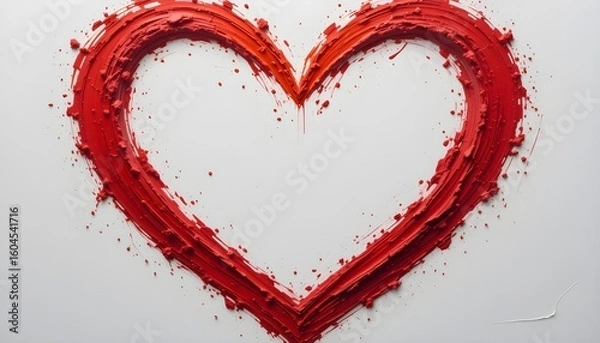 Fototapeta A red heart shape made with thick paint strokes on a white background with paint splatters around it