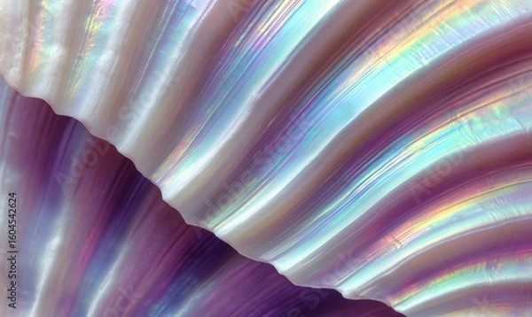 Fototapeta Pearlescent, iridescent shell surface macro shot with flowing ridges in pastel tones of violet, lilac, and opalescent white. Abstract, colorful wallpaper background.