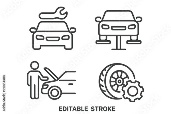 Obraz Car service and auto repair line icon set. Automobile maintenance, garage workshop, and tire fitting outline icons. Vehicle inspection pictogram and infographic elements.