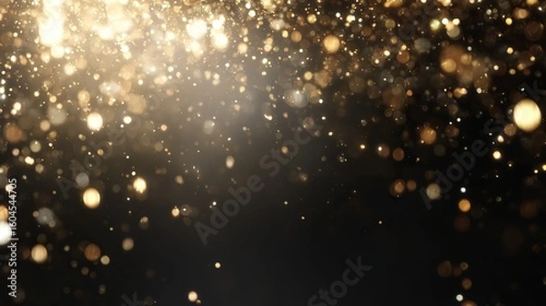 Fototapeta Shimmering gold particles floating in dark space, creating a festive and celebratory abstract effect.