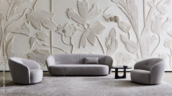 Fototapeta Elegant living space with botanical wall and geometric furniture, highlighting modern home aesthetics and texture.