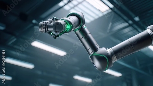 Fototapeta A sleek industrial robotic arm in a modern factory with green energy accents and partial assembly line.