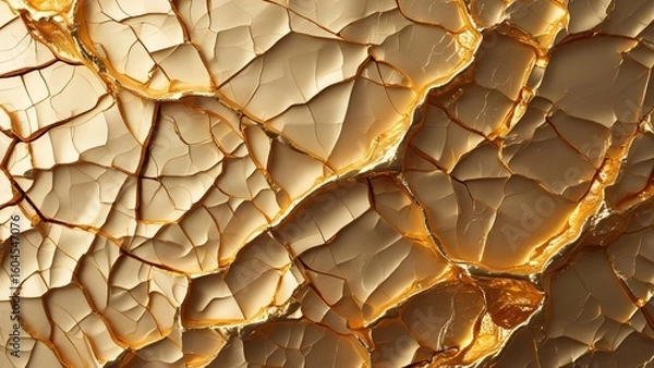 Fototapeta Cracked Golden Earth Texture with Metallic Shards