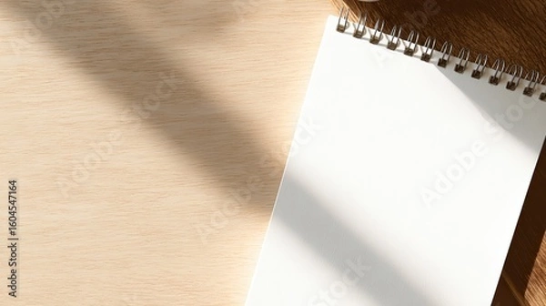 Fototapeta Minimalist wooden desk with blank notebook under soft morning light, clean beige background.