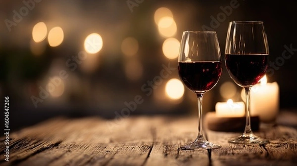 Fototapeta Two wine glasses on rustic table with deep red wine glowing in warm candlelight.