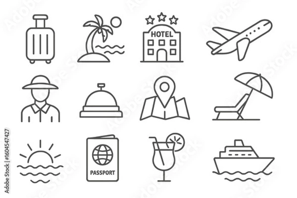 Fototapeta Travel line icon set. Holiday and vacation symbols. Simple outline tourism pictograms. Includes airplane, passport, hotel, map, cruise ship, and beach vector icons.