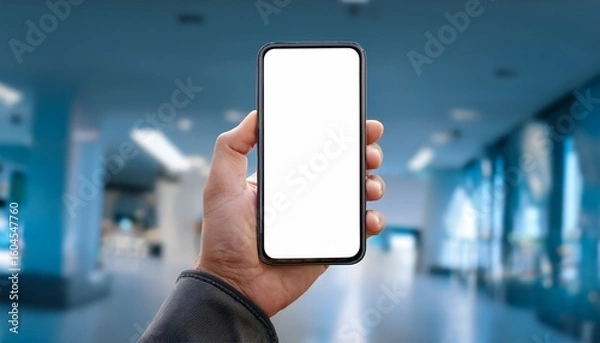 Fototapeta close up of a hand holding a modern smartphone with a blank white display ideal for app mockups or digital design presentations