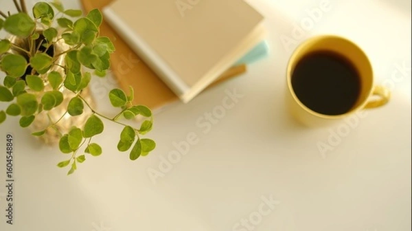 Fototapeta Minimalist office desk with notebook and coffee, surrounded by decorative leaves in soft light.