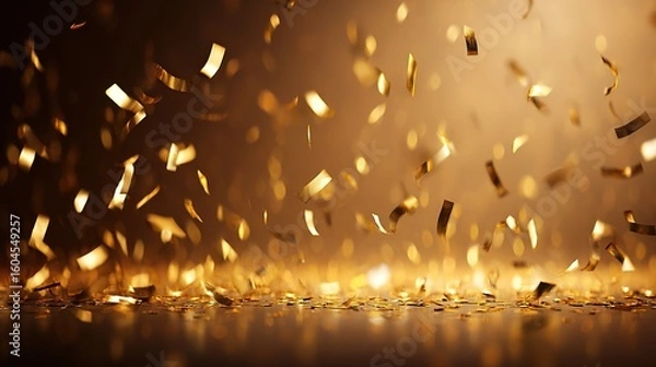 Fototapeta Golden confetti falling gracefully against a warm abstract background, evoking celebration.