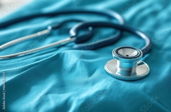 Fototapeta Close-Up View of a Stethoscope Resting on a Soft, Turquoise Medical Fabric, Highlighting Essential Healthcare Tools for Patient Examination and Diagnosis